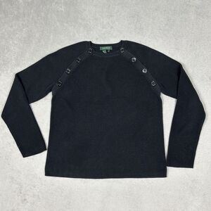 Vintage Ralph Lauren Sweater Womens XL Pullover Rib Knit Crew Neck Black Buttons